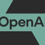 OpenAI logo in bold black text on a teal and black geometric background.