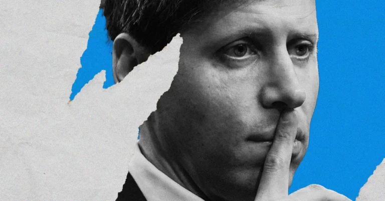 Man with finger on lips in a contemplative pose against a blue and torn paper background.