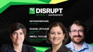 Three people with names and titles overlaid, TechCrunch Disrupt logo, event date October 13-15, San Francisco.