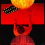 Person sitting at a red table viewed from above, surrounded by digital and pixelated graphics, with text on a black strip.