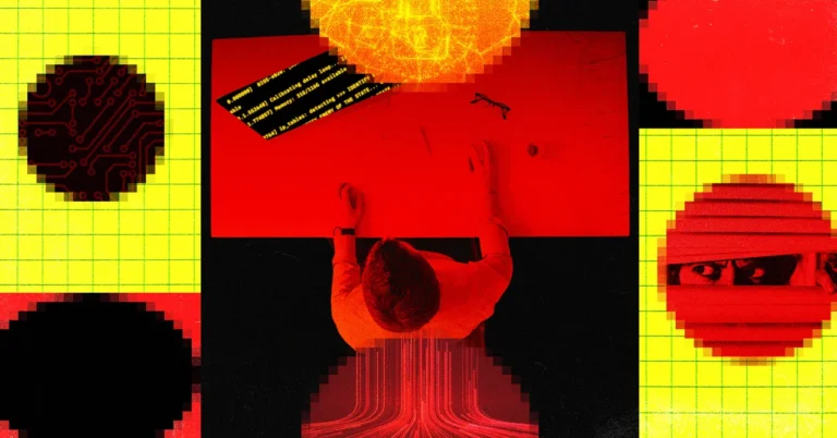 Person sitting at a red table viewed from above, surrounded by digital and pixelated graphics, with text on a black strip.