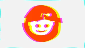 Reddit logo with a colorful, glitch effect on a light gray background.