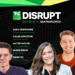 TechCrunch Disrupt 2026 banner with event dates and location, featuring headshots of five individuals with their names and...