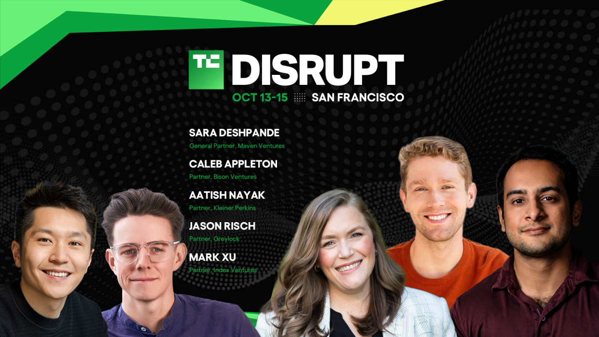 TechCrunch Disrupt 2026 banner with event dates and location, featuring headshots of five individuals with their names and...