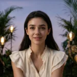 Woman smiling in front of plants and light bulbs, with pink curtains and a flamingo statue in the background.