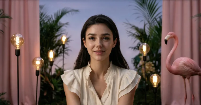 Woman smiling in front of plants and light bulbs, with pink curtains and a flamingo statue in the background.