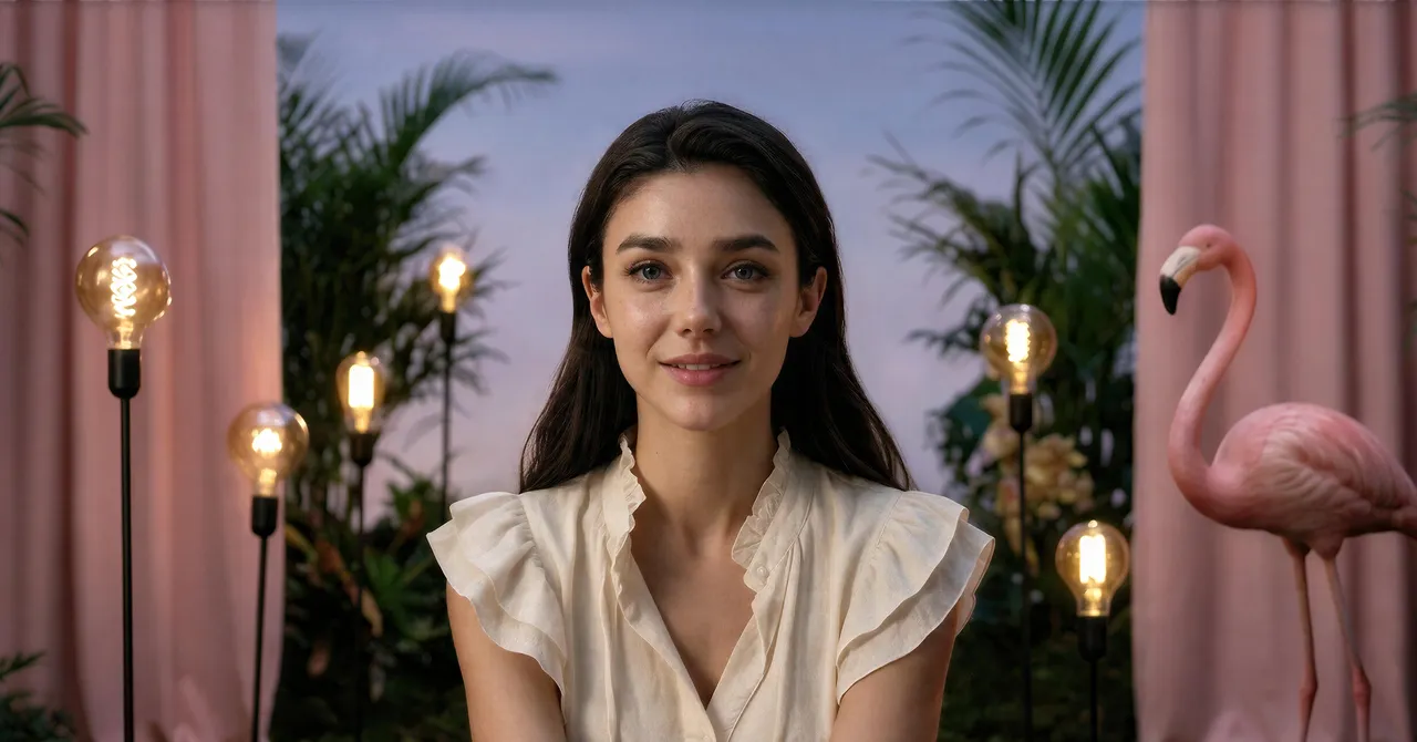 Woman smiling in front of plants and light bulbs, with pink curtains and a flamingo statue in the background.