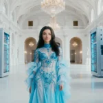 Woman in an ornate blue dress walks in a grand hall lined with glowing server racks, chandeliers overhead.