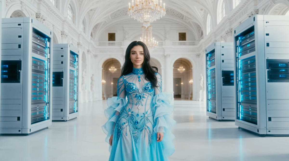 Woman in an ornate blue dress walks in a grand hall lined with glowing server racks, chandeliers overhead.