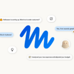 Blue "M" logo in center, chat bubbles with various messages, light bulb and checkmark icons, cartoon face on right