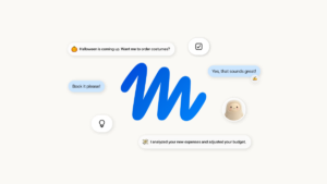 Blue "M" logo in center, chat bubbles with various messages, light bulb and checkmark icons, cartoon face on right