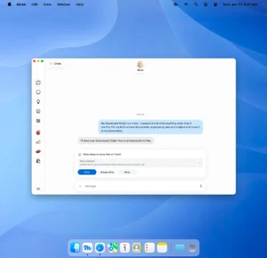 Computer screen showing a chat with AI agent Muse, discussing organizing a downloads folder, with options to allow file ac...