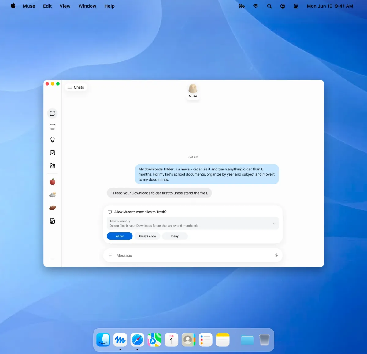 Computer screen showing a chat with AI agent Muse, discussing organizing a downloads folder, with options to allow file ac...