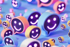 Colorful 3D smiling face icons in speech bubbles on a blue background, glowing with neon lights.