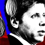 Stylized portrait of a man with a red and blue abstract background, featuring almonds and circular shapes.