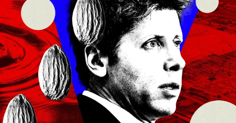 Stylized portrait of a man with a red and blue abstract background, featuring almonds and circular shapes.