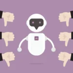 Robot with AI label surrounded by multiple hands giving thumbs down on a purple background.