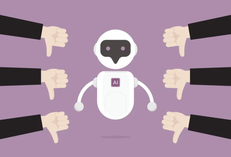 Robot with AI label surrounded by multiple hands giving thumbs down on a purple background.