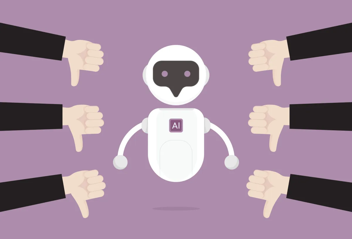 Robot with AI label surrounded by multiple hands giving thumbs down on a purple background.
