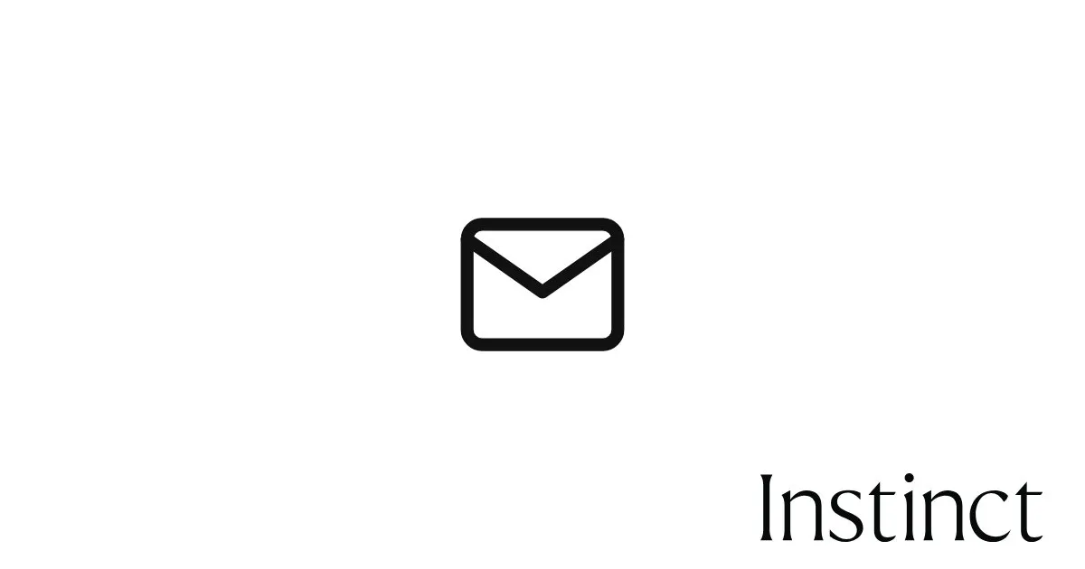 Envelope icon centered on a white background with the word "Instinct" in the lower right corner.