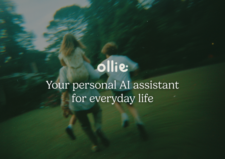 Two children running outdoors, blurred motion. Text reads: "Ollie: Your personal AI assistant for everyday life.