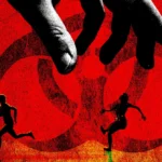 Silhouettes of three people running with a giant hand above, against a red background with a biohazard symbol.