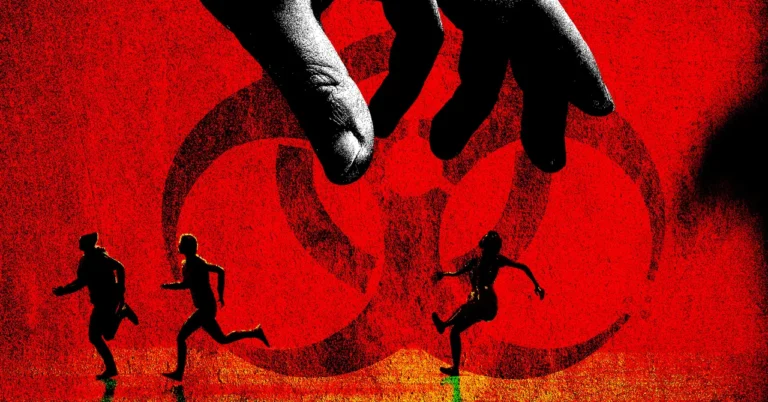 Silhouettes of three people running with a giant hand above, against a red background with a biohazard symbol.