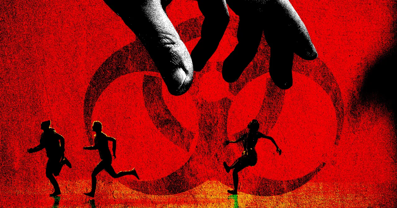 Silhouettes of three people running with a giant hand above, against a red background with a biohazard symbol.