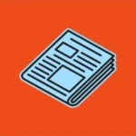 Blue newspaper icon on an orange background, depicting a folded paper with lines and squares representing text and images.