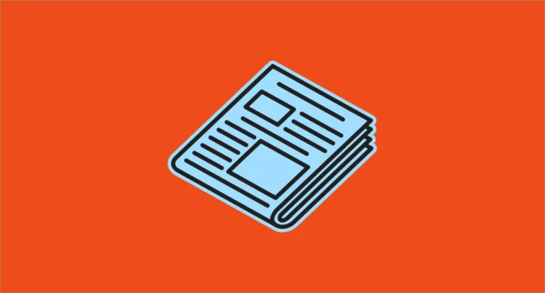 Blue newspaper icon on an orange background, depicting a folded paper with lines and squares representing text and images.