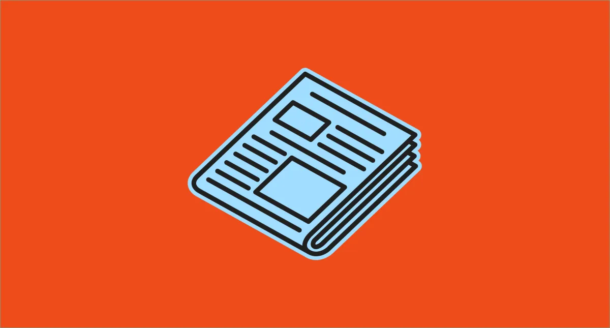 Blue newspaper icon on an orange background, depicting a folded paper with lines and squares representing text and images.