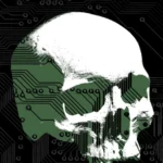 Skull overlaid with circuit board pattern on a black background