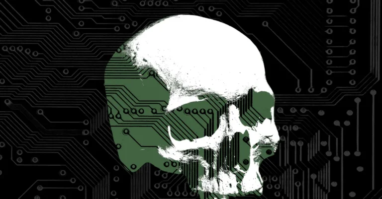 Skull overlaid with circuit board pattern on a black background
