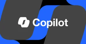 Copilot logo on a blue and gray background with stylized overlapping shapes.