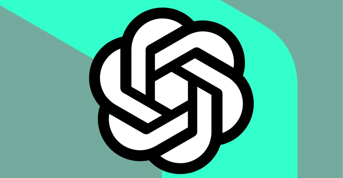 OpenAI logo with an abstract green and gray background.