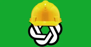 Yellow hard hat on a black and white geometric logo against a green background.