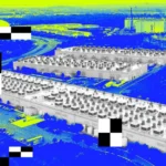 Aerial view of large data centers with abstract black and white geometric overlays, bright blue and yellow color scheme.