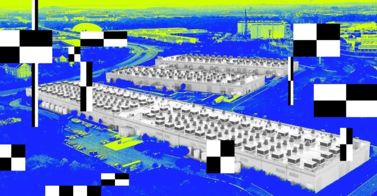 Aerial view of large data centers with abstract black and white geometric overlays, bright blue and yellow color scheme.