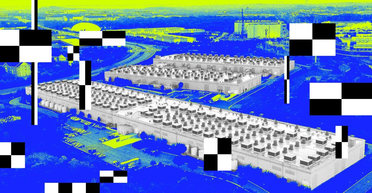 Aerial view of large data centers with abstract black and white geometric overlays, bright blue and yellow color scheme.