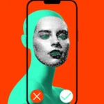 Smartphone displaying a digital face scan overlay on a mannequin, with red and green check and cross icons below.