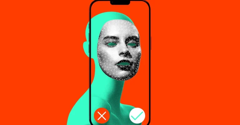 Smartphone displaying a digital face scan overlay on a mannequin, with red and green check and cross icons below.