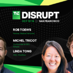 Three people with names and titles on a TechCrunch Disrupt 2026 banner, event dates October 13-15, San Francisco.