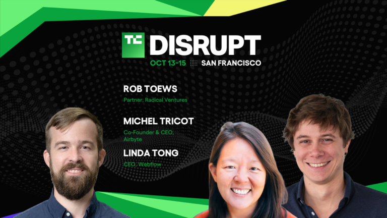 Three people with names and titles on a TechCrunch Disrupt 2026 banner, event dates October 13-15, San Francisco.