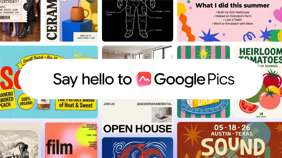 Collage of colorful images with "Say hello to Google Pics" text in the center.