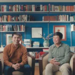 Two men seated in armchairs, smiling, with a bookshelf filled with books and framed art behind them in a warmly lit room.