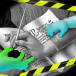 Hands writing with a quill over a manuscript, flanked by pixelated and colored digital hands, with caution tape overlay.