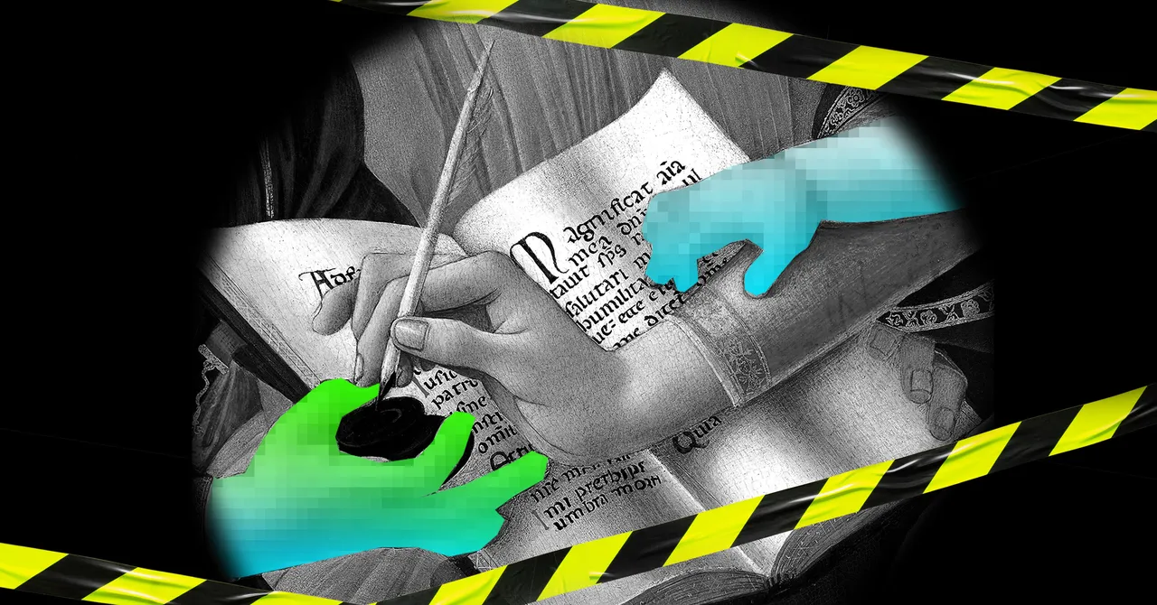 Hands writing with a quill over a manuscript, flanked by pixelated and colored digital hands, with caution tape overlay.