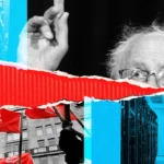 Collage with a man gesturing, server racks, red flags, and buildings, divided by a red torn paper stripe.