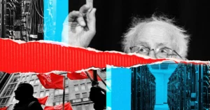 Collage with a man gesturing, server racks, red flags, and buildings, divided by a red torn paper stripe.