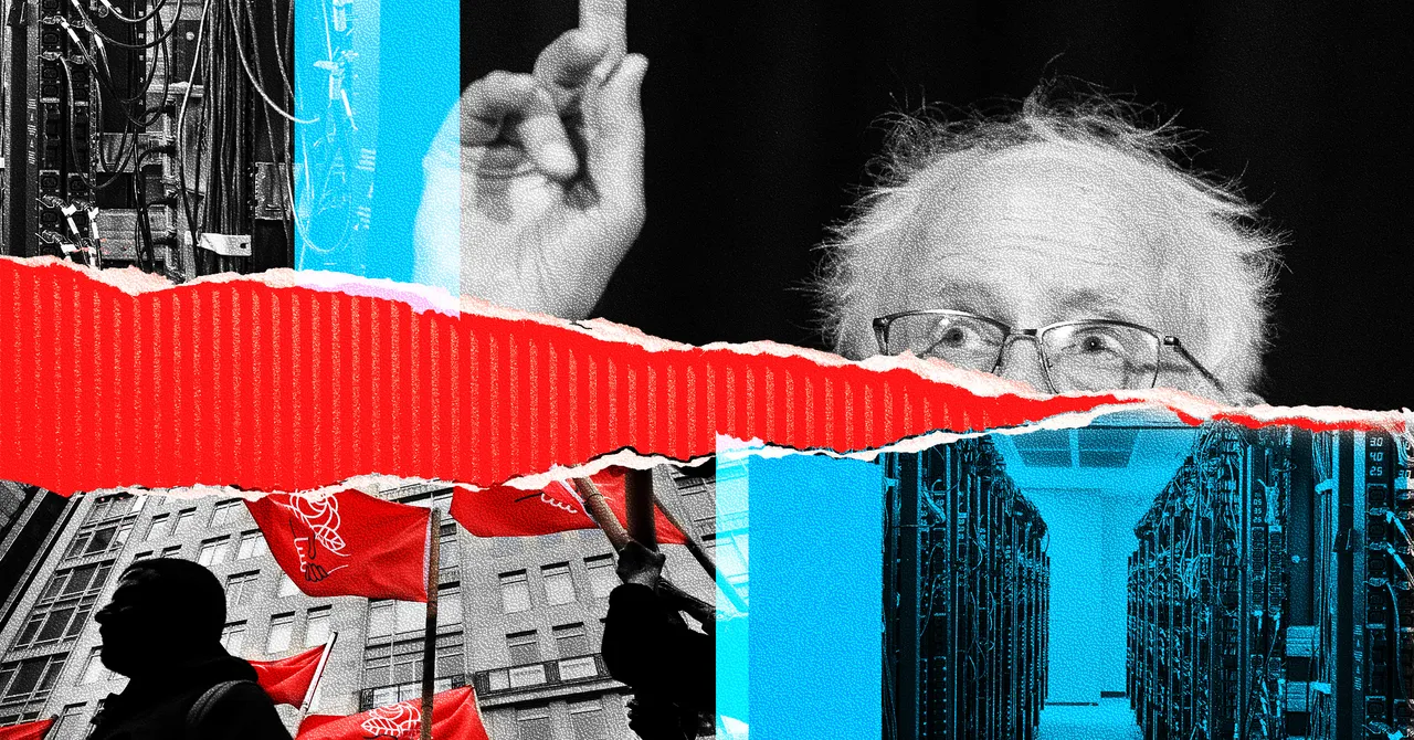 Collage with a man gesturing, server racks, red flags, and buildings, divided by a red torn paper stripe.